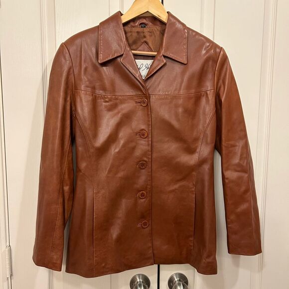 Vintage Michael Hoban Button-Down Leather Jacket in Caramel Brown, Size 10